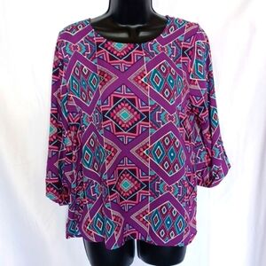 Francescas Miami Colorful Aztec Geometric blouse jewel tone purple Blue pink